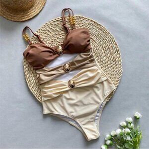 NWOT. SHEIN One Piece Swimsuit Shades of Brown with Gold Detail. Size L